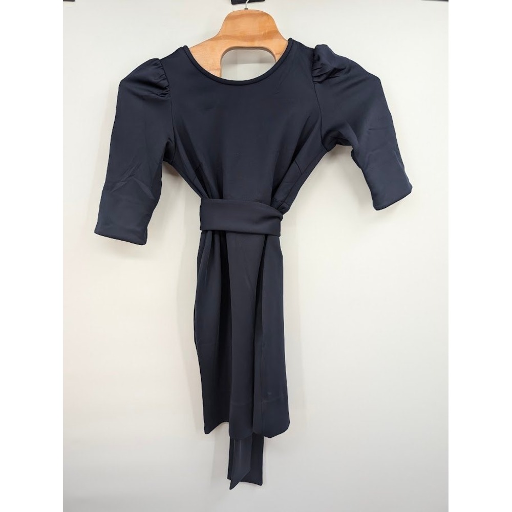 Gretchen Scott Expose Dress Navy Blue Puff Sleeve Belted NWT sz Med